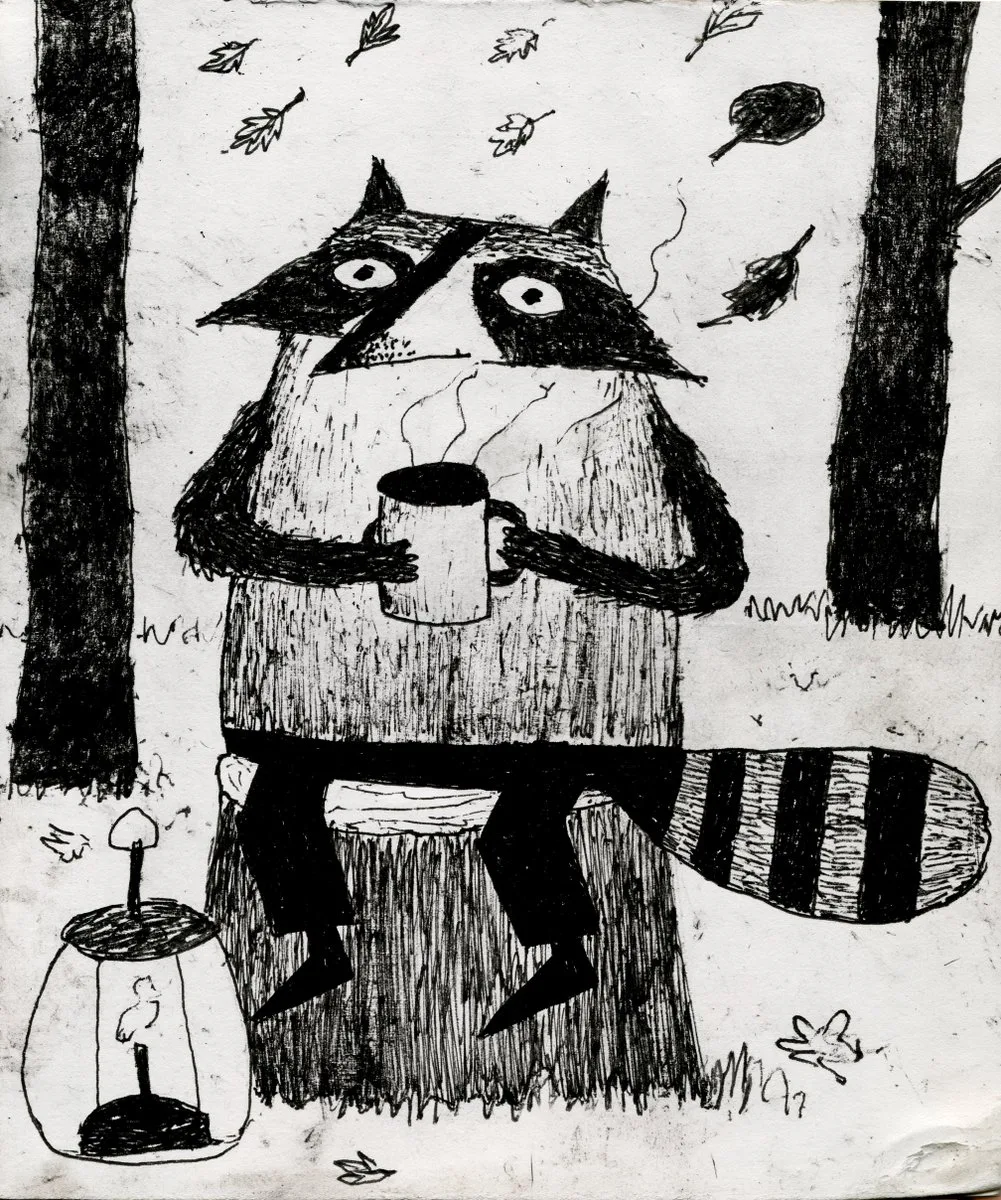 Whimsical storybook raccoon enjoying coffee in an autumn forest - Image prompt preview