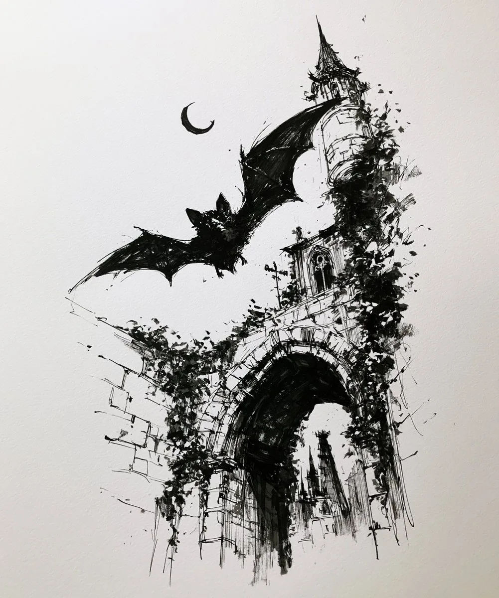 Gothic Storybook Bat Beneath a Stone Bridge Arch - Image prompt preview