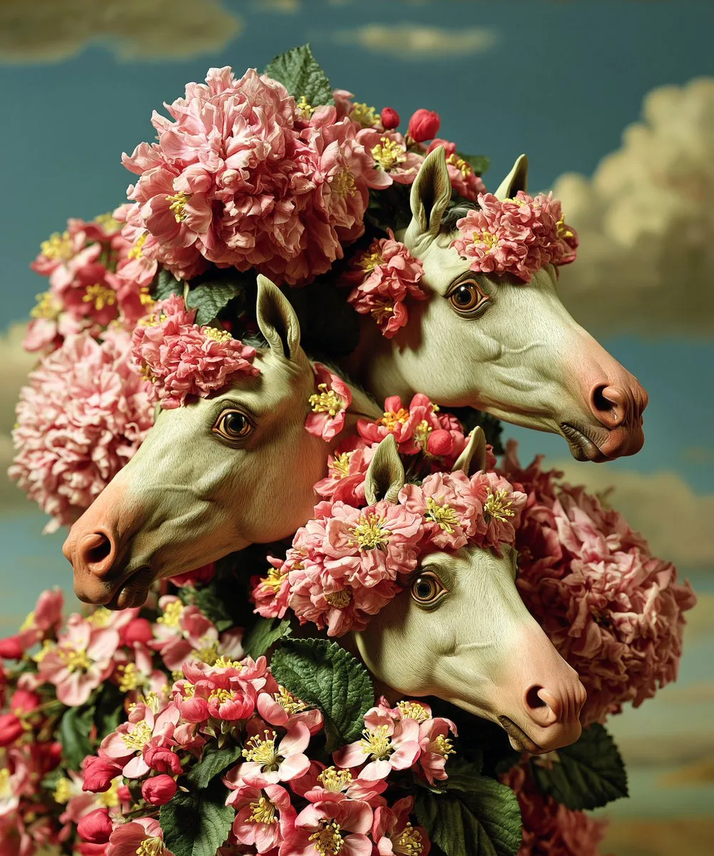 Stylized Trio of Horses Surrounded by Pastel Blossoms - Image prompt preview