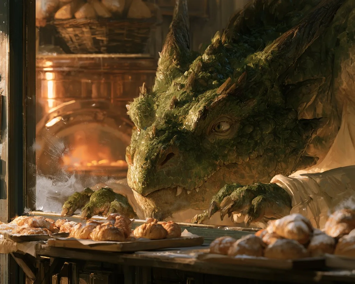 Ancient Dragon Baker at Sunrise - Image prompt preview