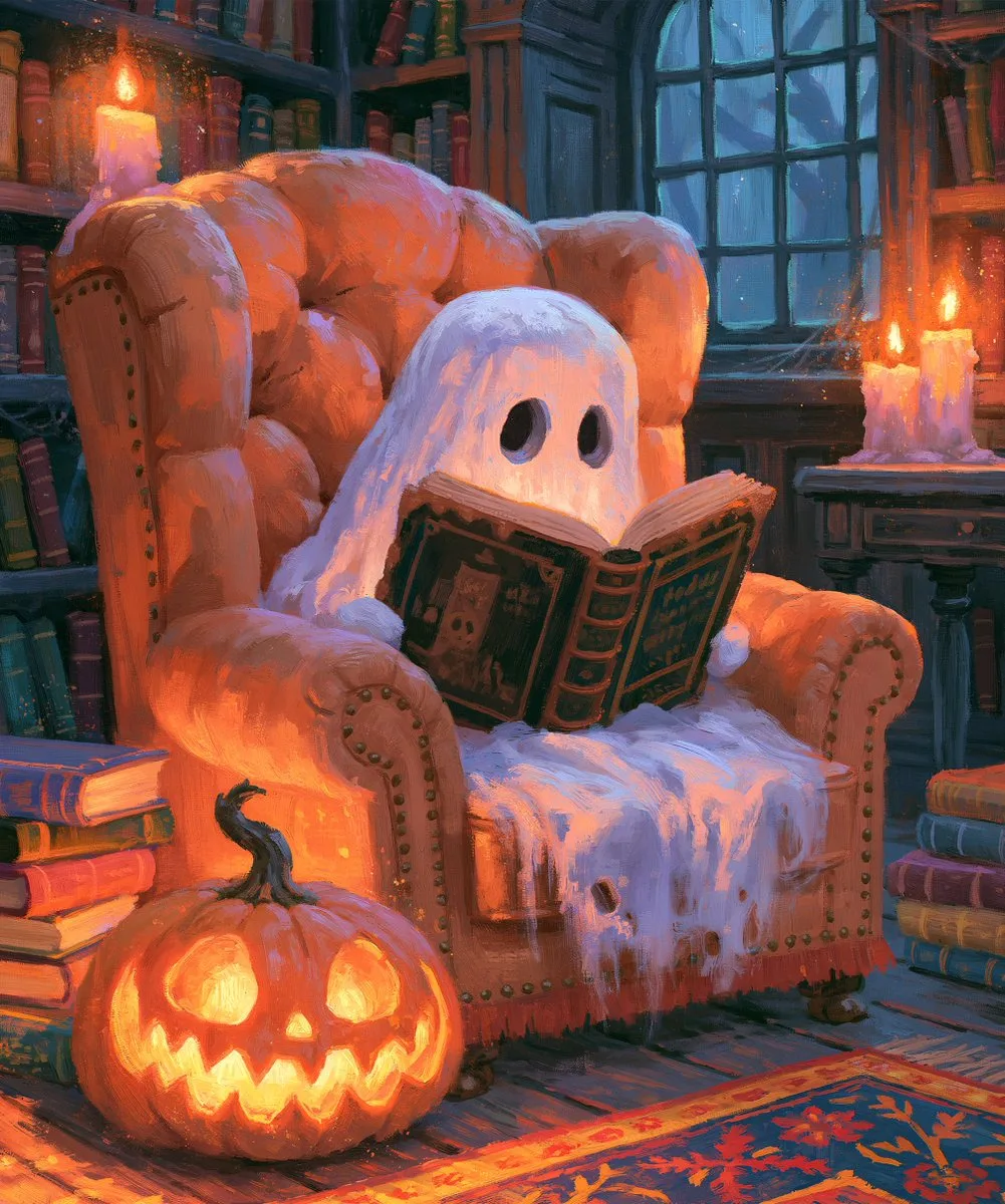 Friendly Ghost Reading by Jack-o'-Lantern Light - Image prompt preview