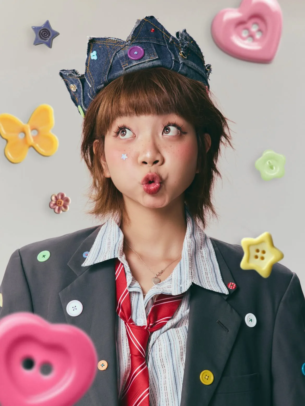 Ultra-realistic editorial fashion portrait of a playful young woman with...