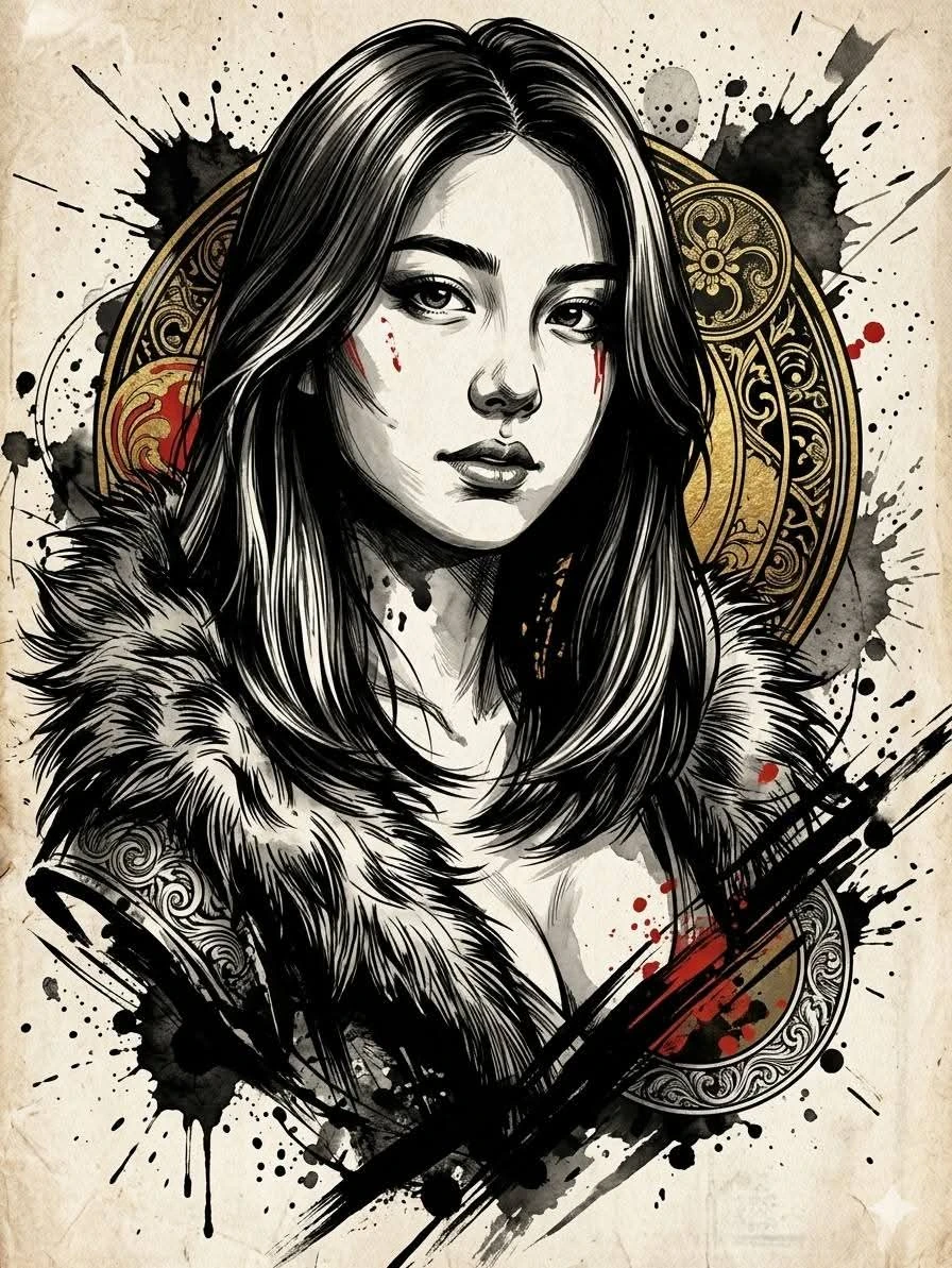 ultra detailed dark fantasy illustration style, Japanese ink painting fus...