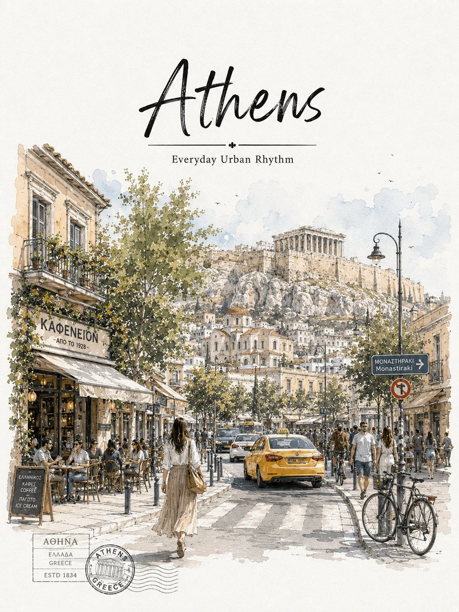 Minimalist ultra-high-resolution travel sketch poster of Athens, Greece,...