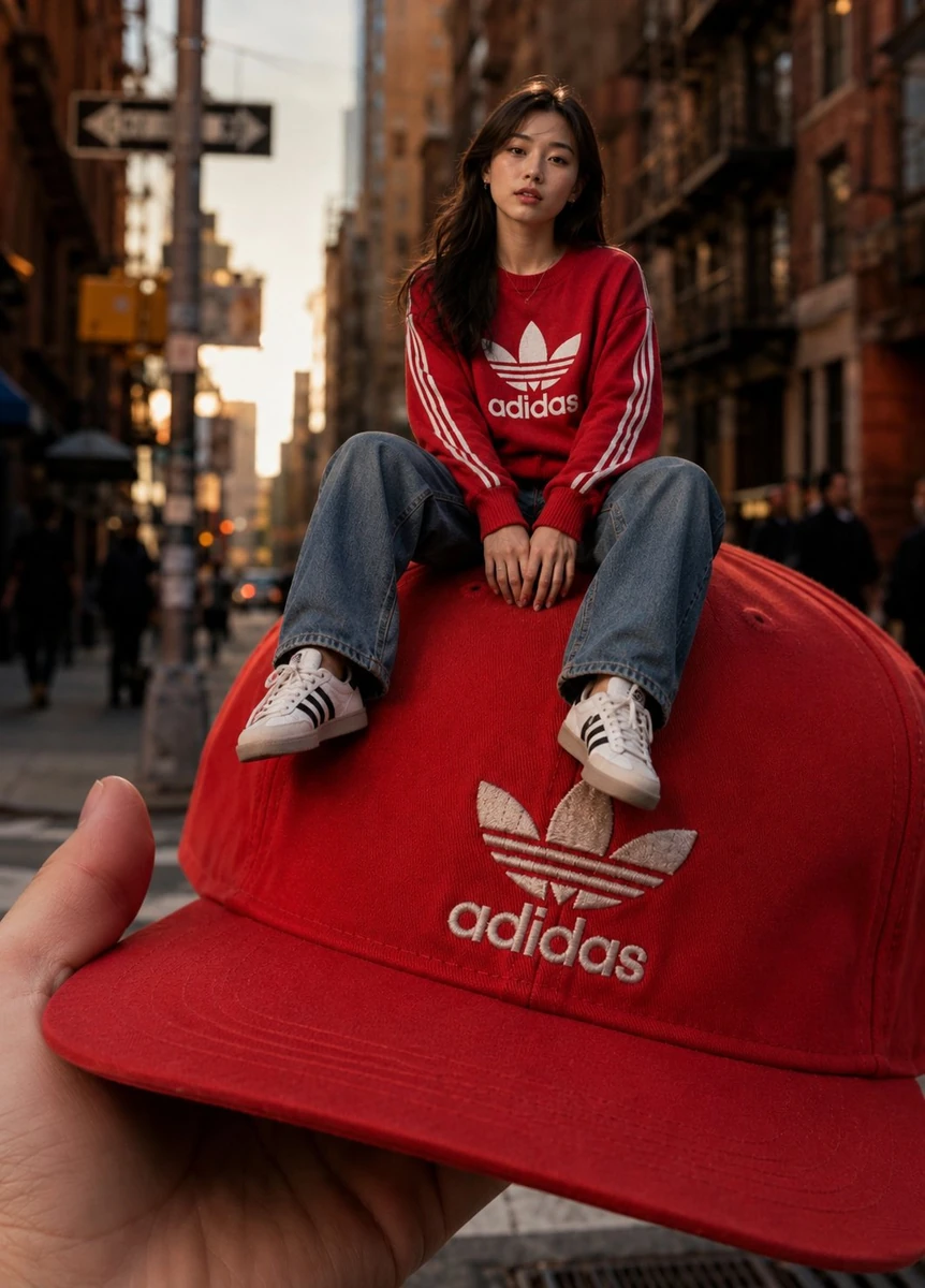 A photorealistic forced-perspective street photography scene where a gian...