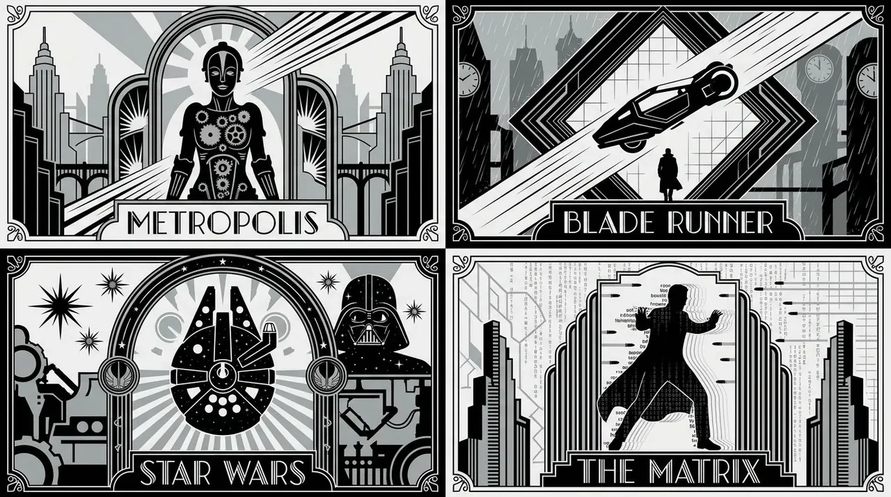 2x2 grid, 16:9, do this for 4 famous scifi movies: {instructions: A = { s...