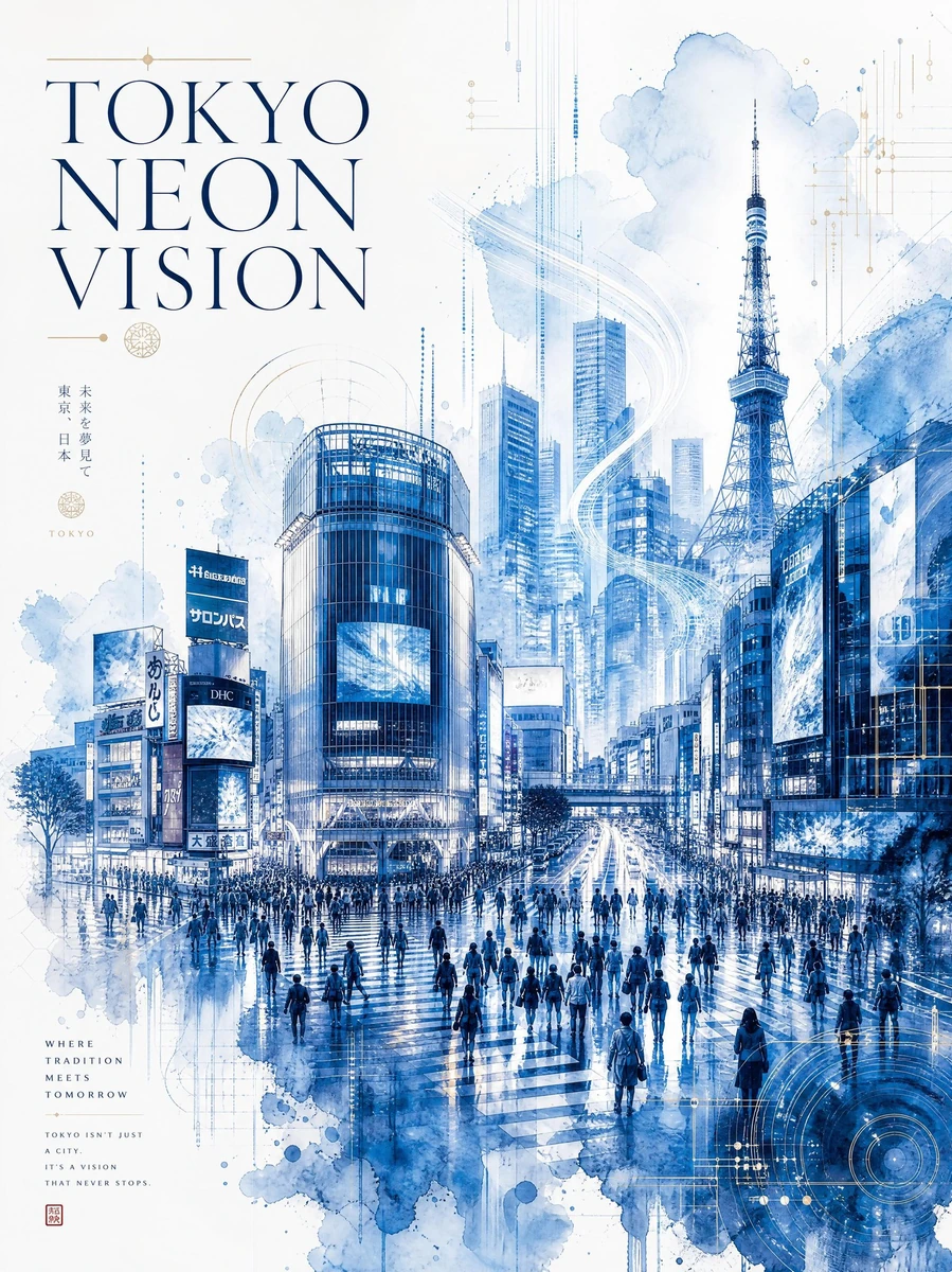 Ultra-detailed watercolor travel poster titled “TOKYO NEON VISION”, blend...