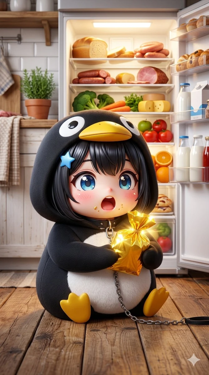 A highly detailed chibi anime girl sitting on a wooden kitchen floor, wea...