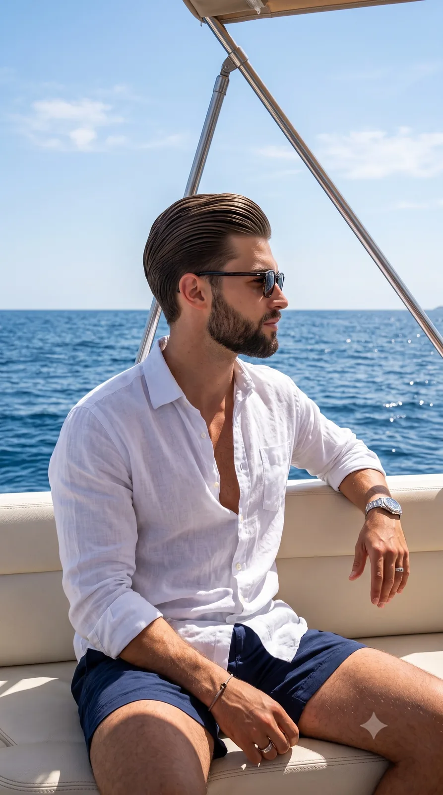 A young man sits comfortably on a boat, his face turned in sharp profile...