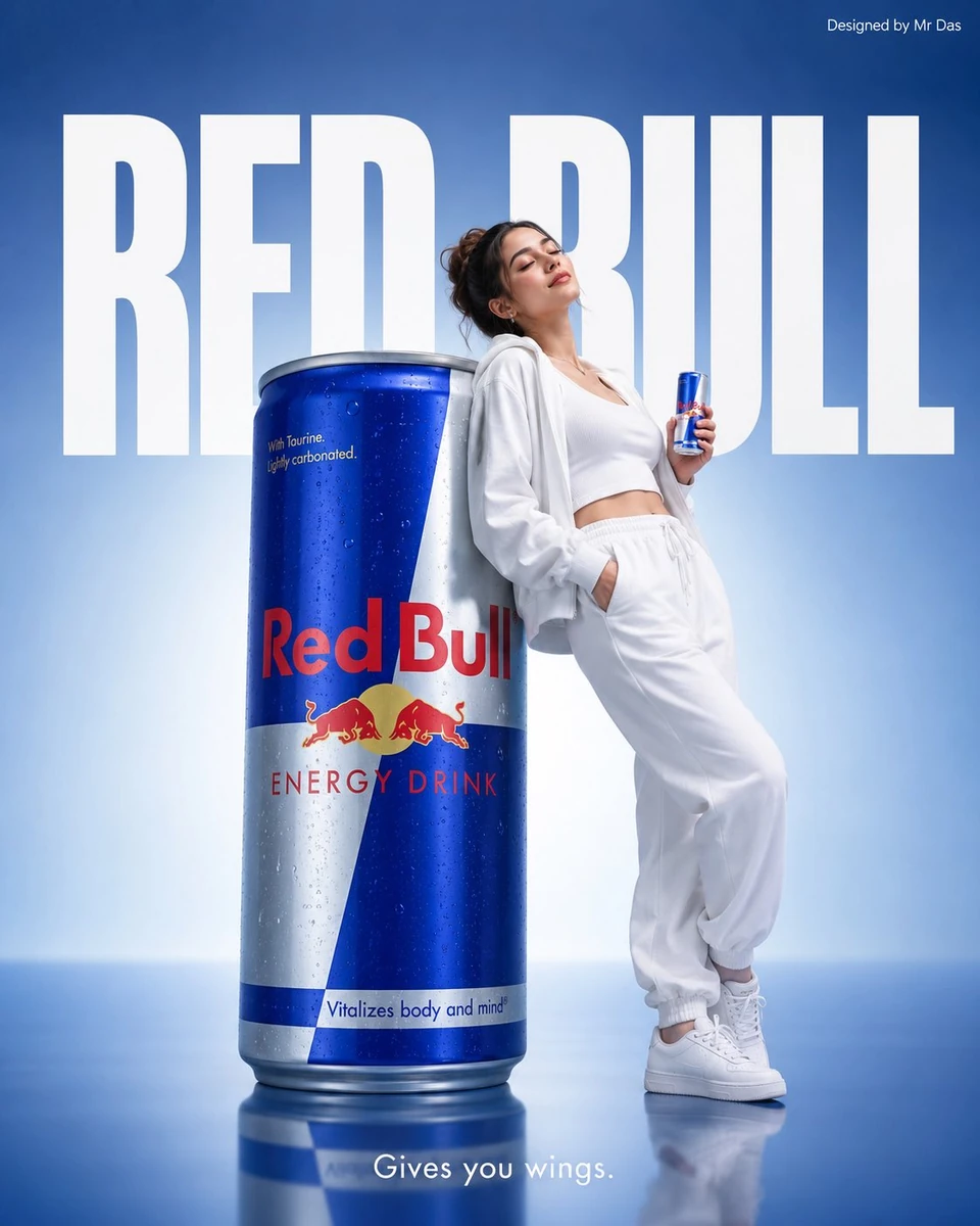 Minimalist commercial ad featuring oversized Red Bull Energy Drink can, u...