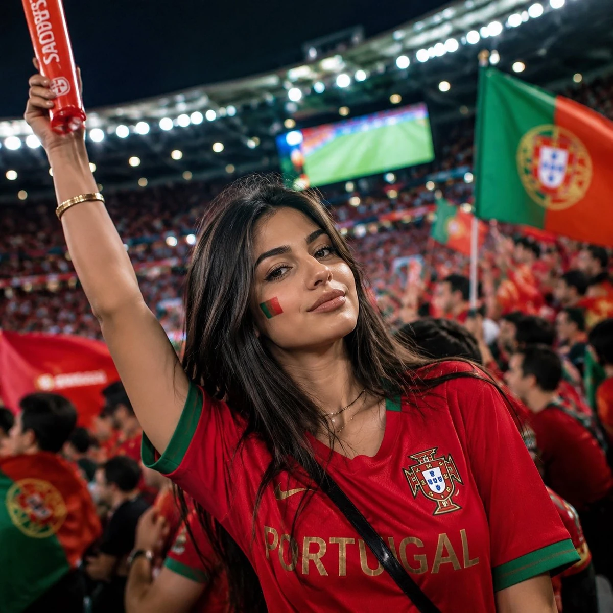 Ultra-realistic sports photography, beautiful young female football fan c...