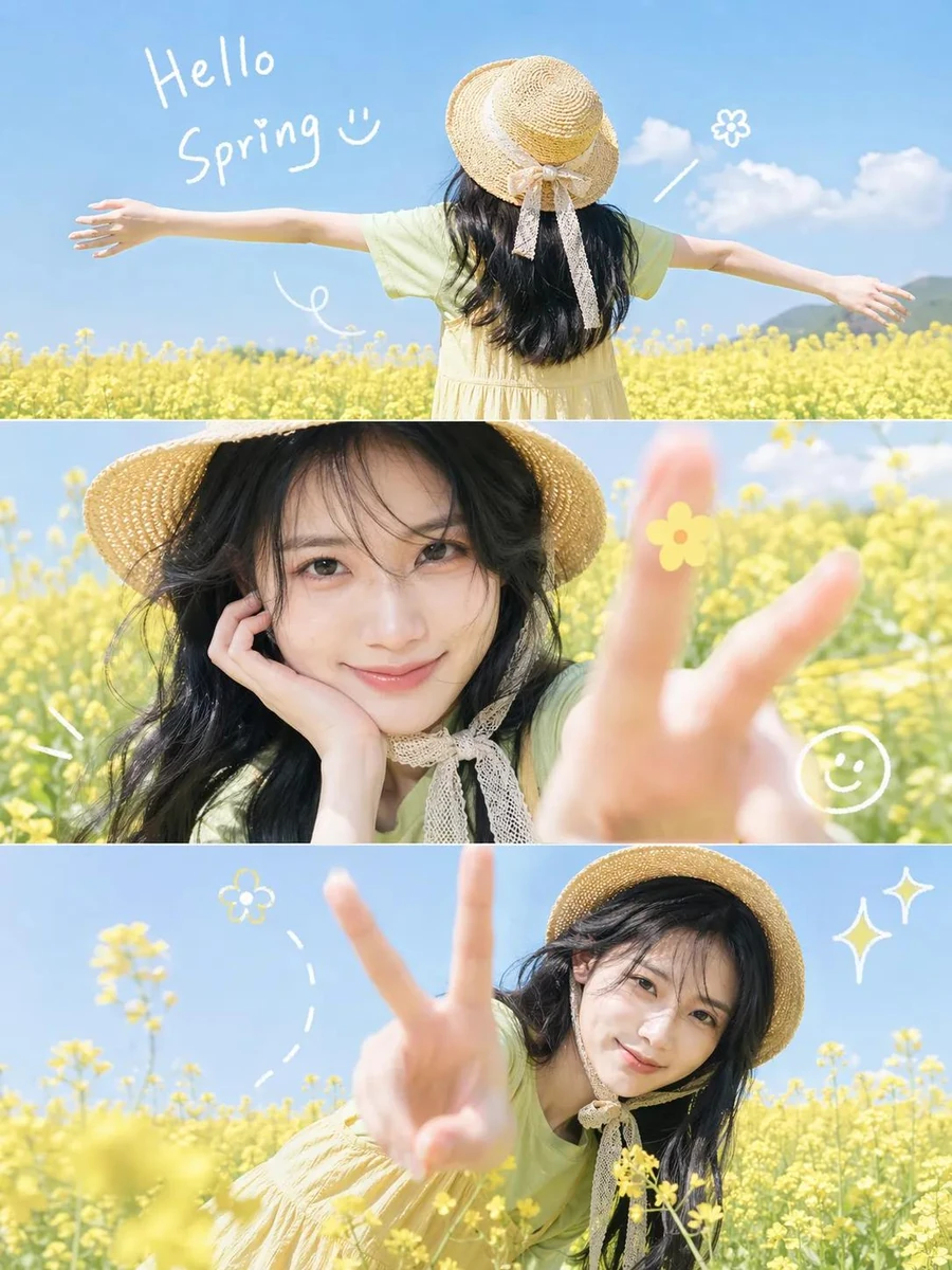 A bright, playful spring aesthetic photo collage in a 3-panel vertical la...