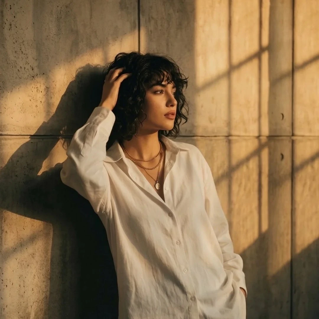 Cinematic portrait of a young woman with short curly dark hair leaning ag...