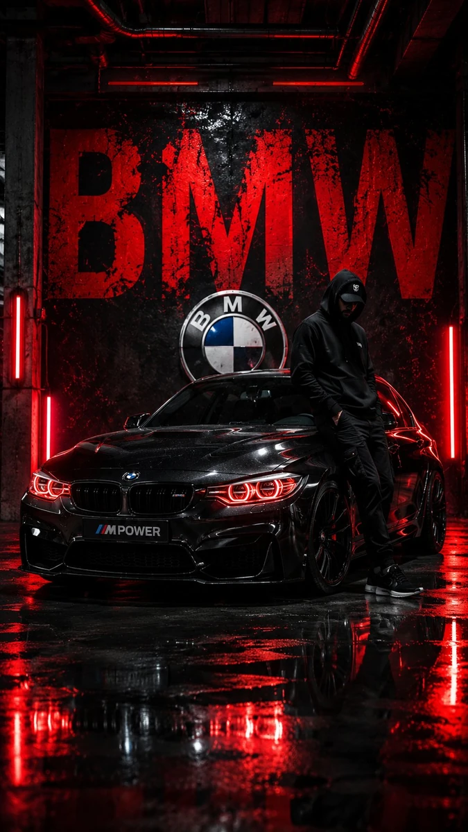 Cinematic vertical wallpaper of a glossy black BMW sports sedan in a dark...