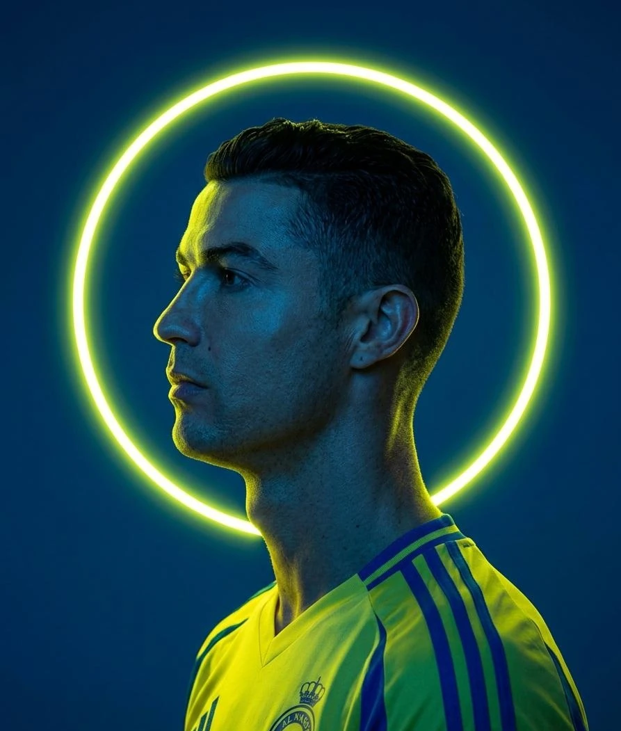 A cinematic neon-lit fashion portrait of a male model in profile against...