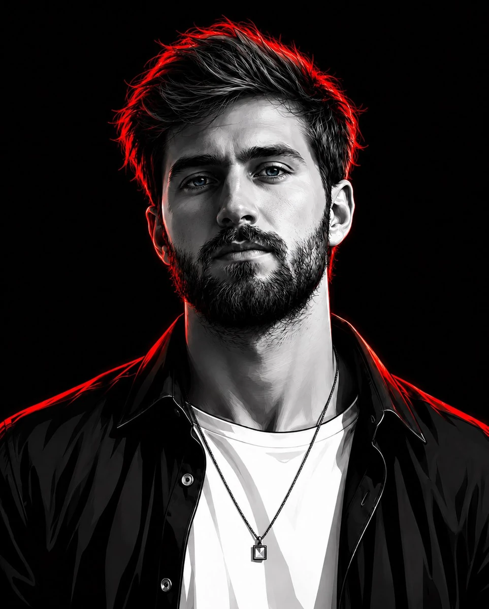 Ultra-detailed cinematic digital portrait of a young man with tousled mes...