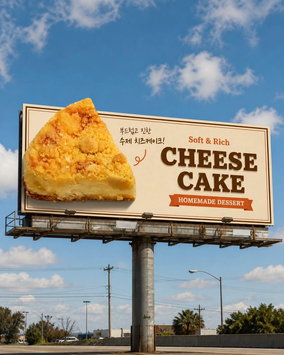 A realistic roadside billboard featuring a large, mouthwatering slice of...