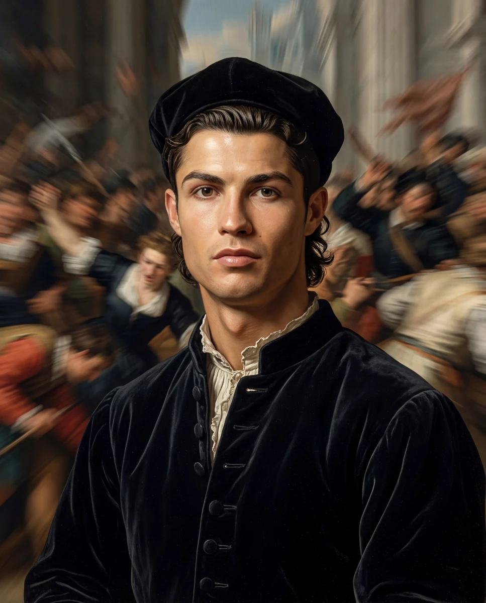 Renaissance portrait of solitary person in scholar's attire at absolute c...