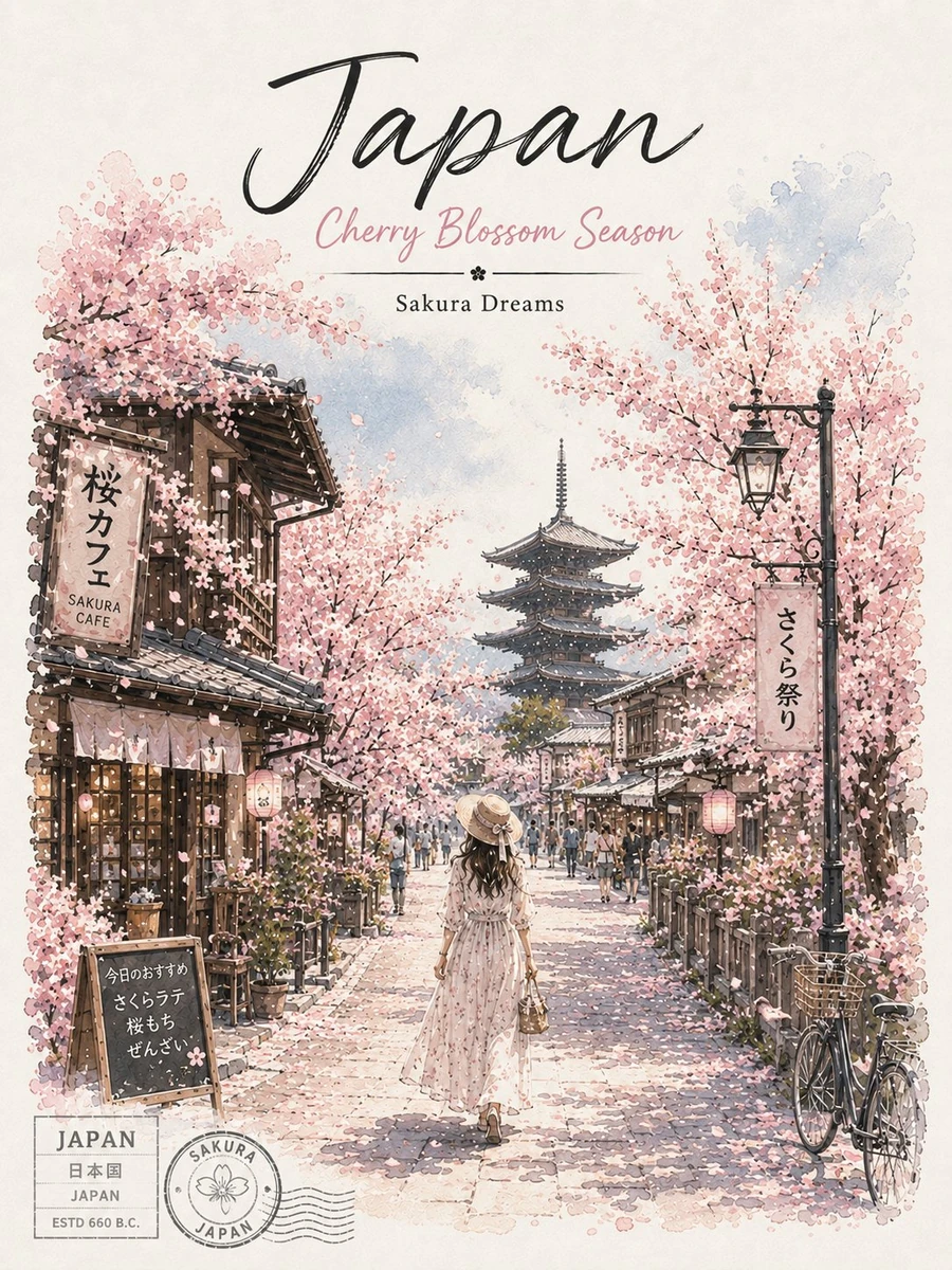 A dreamy vintage-style travel poster illustration of Hokkaido, Japan, ins...