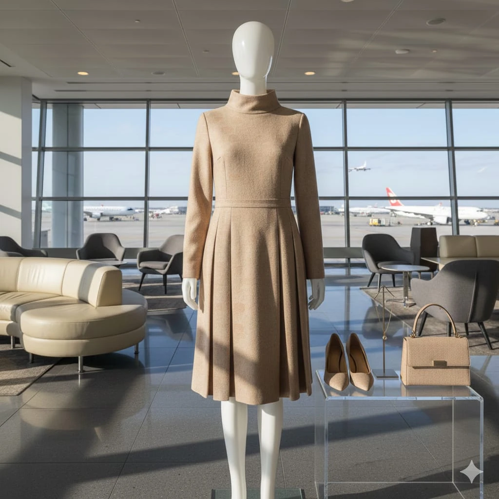 A modern, modest dress displayed on a mannequin, featuring soft wool-blen...