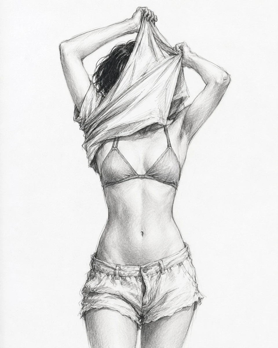 A rough black and white pencil sketch of an adult female figure shown fro...