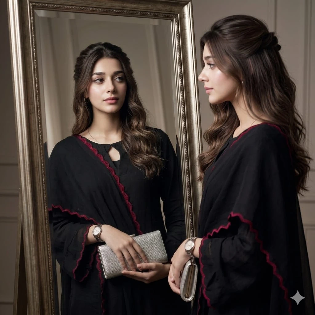 A high-fashion editorial mirror portrait captured in ultra-sharp 4K resol...