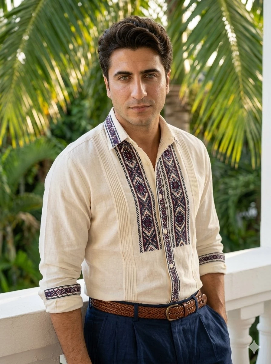 Handsome 30-year-old South Asian man with sharp features, warm medium-bro...