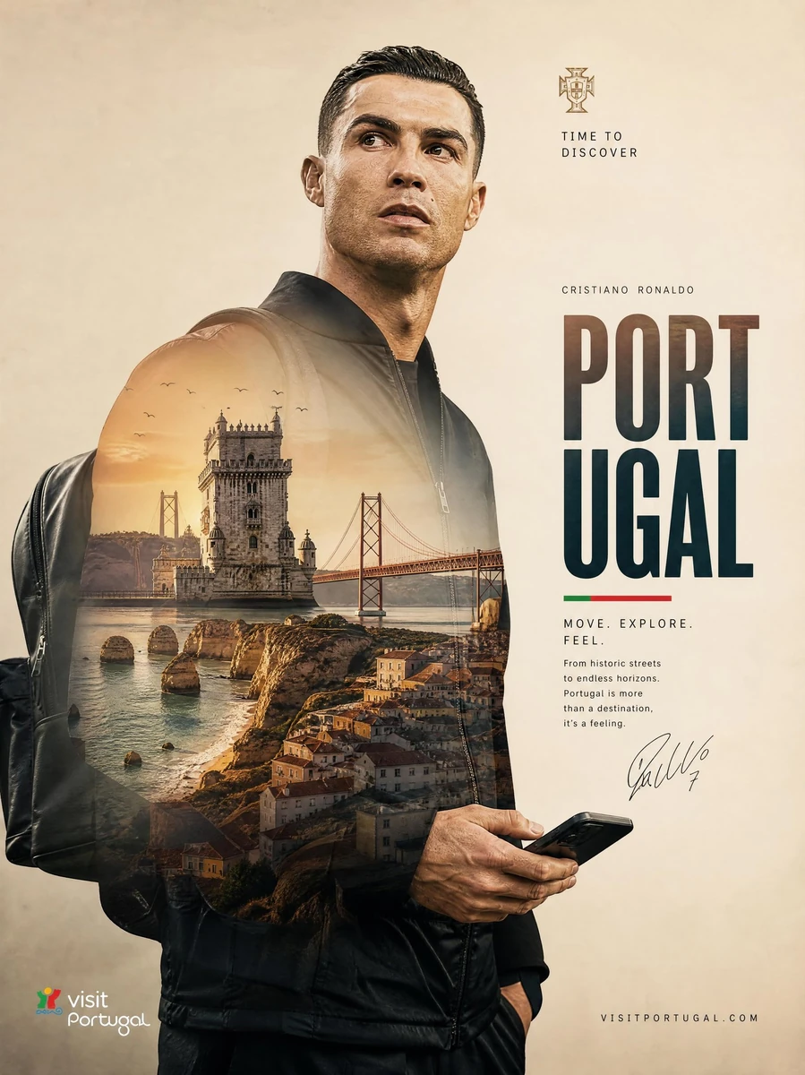 Ultra-premium travel tourism poster featuring Cristiano Ronaldo, designed...