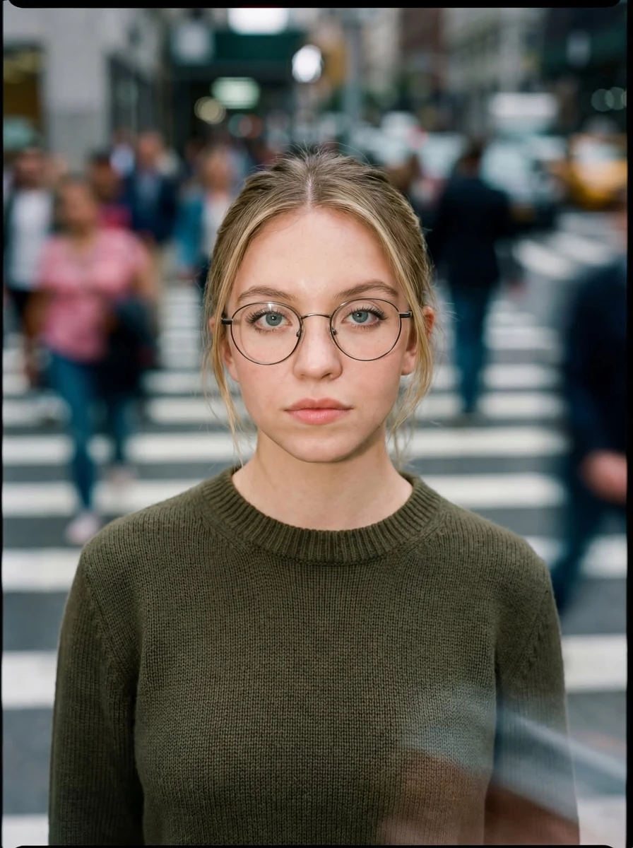 Ultra-realistic cinematic street portrait of a young woman standing still...
