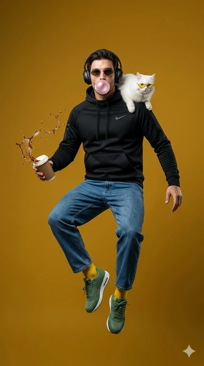 A surreal, high-fashion studio portrait of a young man (use the provided...