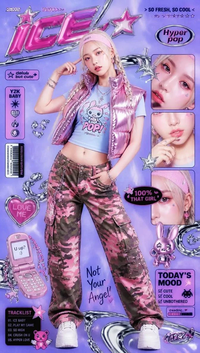 A vibrant Y2K hyper-pop aesthetic magazine cover / promotional poster, 20...