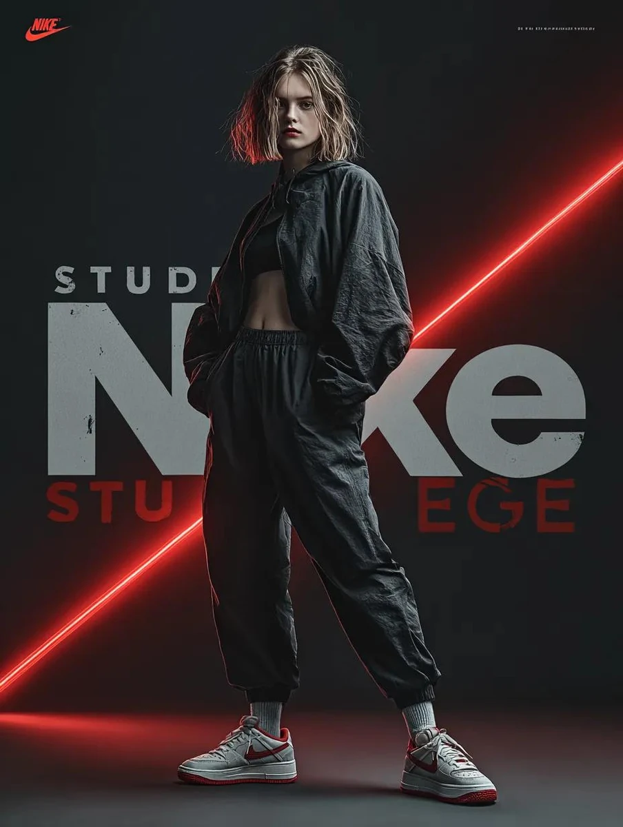 A dynamic fashion advertisement for Nike showing a hyper-realistic model...