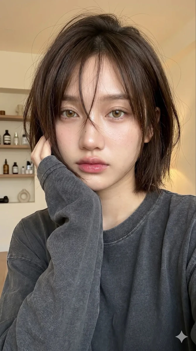 Ultra-realistic portrait of a young woman with short tousled dark brown b...