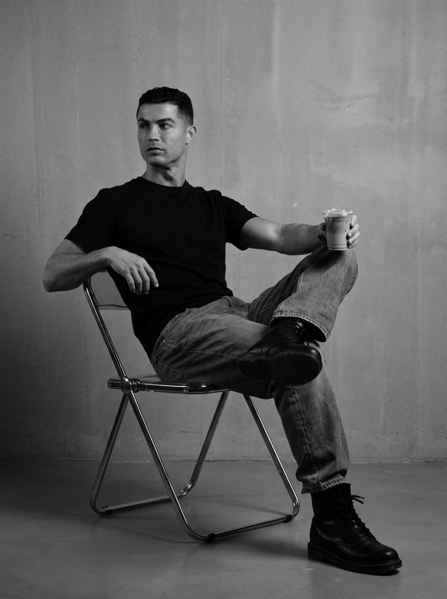 A monochrome black-and-white fashion portrait of a confident athletic man...