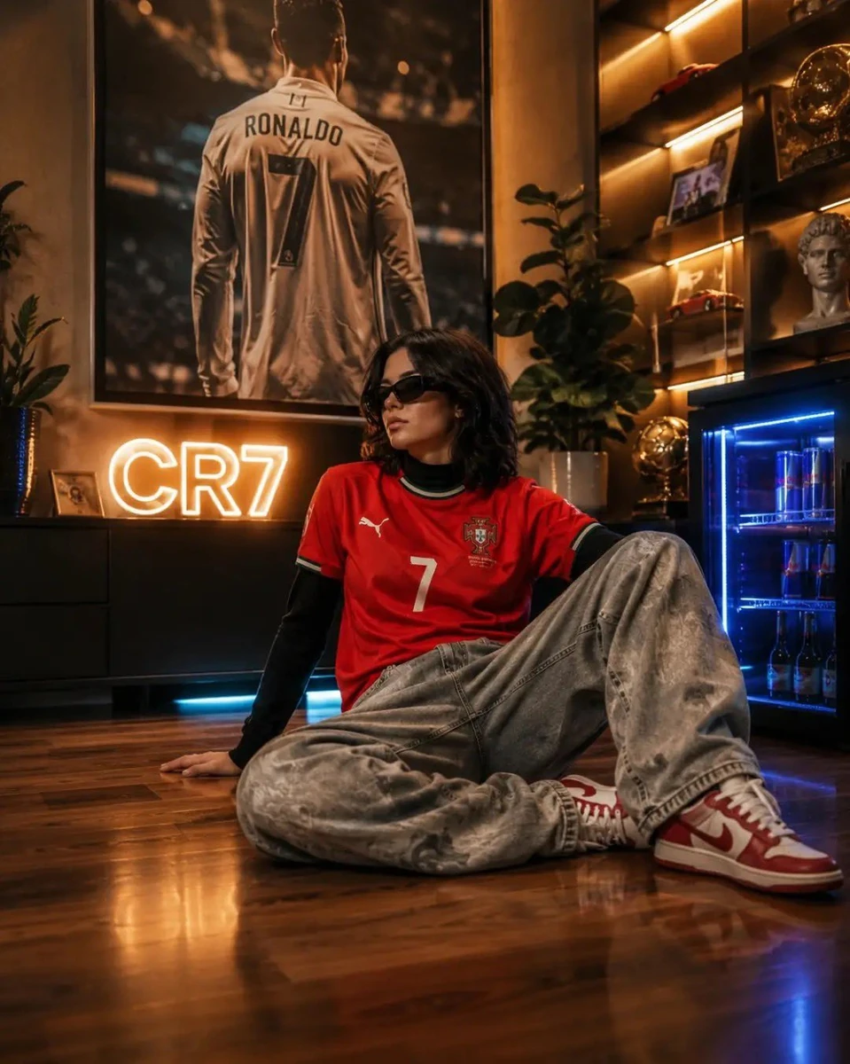 Ultra-realistic cinematic sports fan room at night, cozy luxury interior...