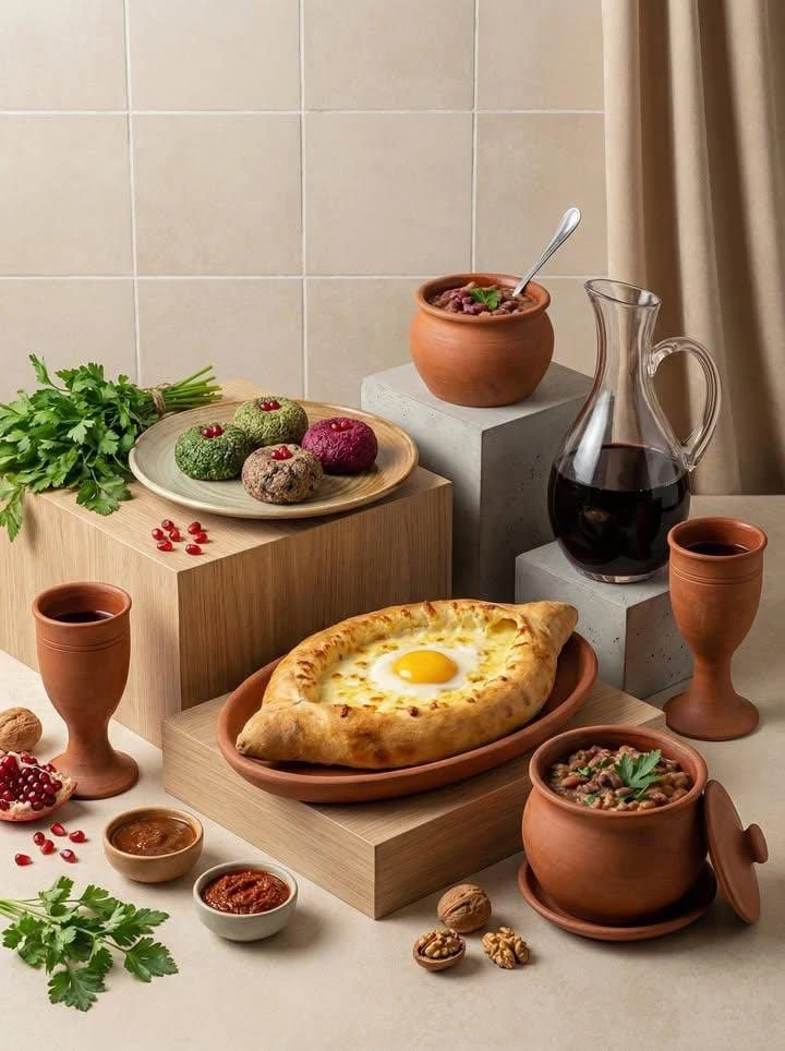 Minimalist editorial food still-life photography featuring traditional di...