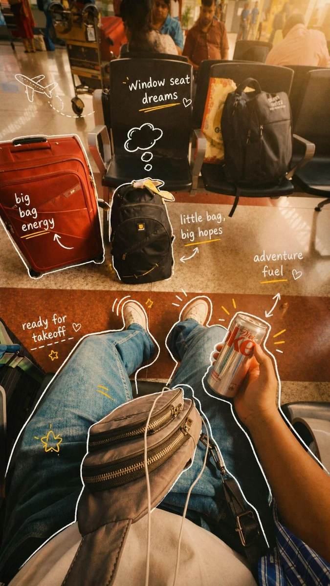POV travel photography of a person sitting at an airport and inside an ai...