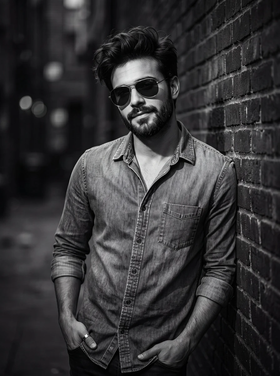 Black and white cinematic portrait of a stylish man with dark messy volum...