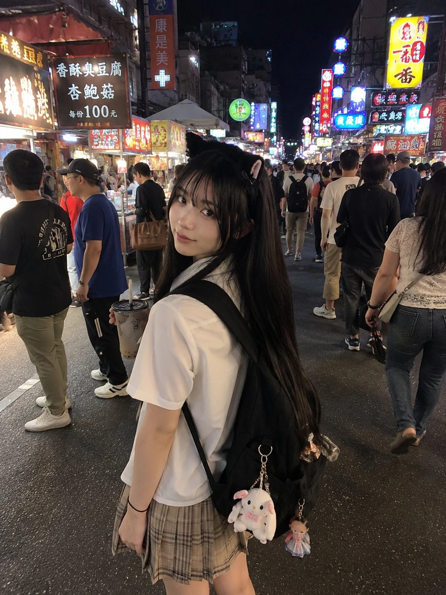 Young Japanese girl with long straight black hair, soft bangs, and a cute...
