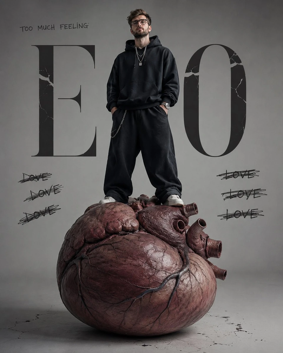 Ultra-realistic conceptual portrait of a young man wearing an oversized b...