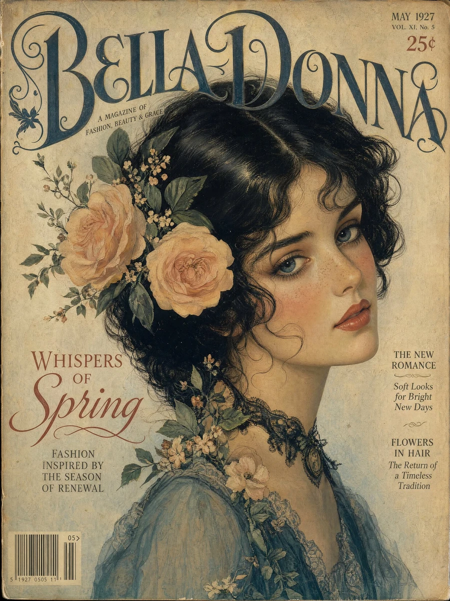 Vintage gouache fashion magazine cover illustration featuring a close-up...