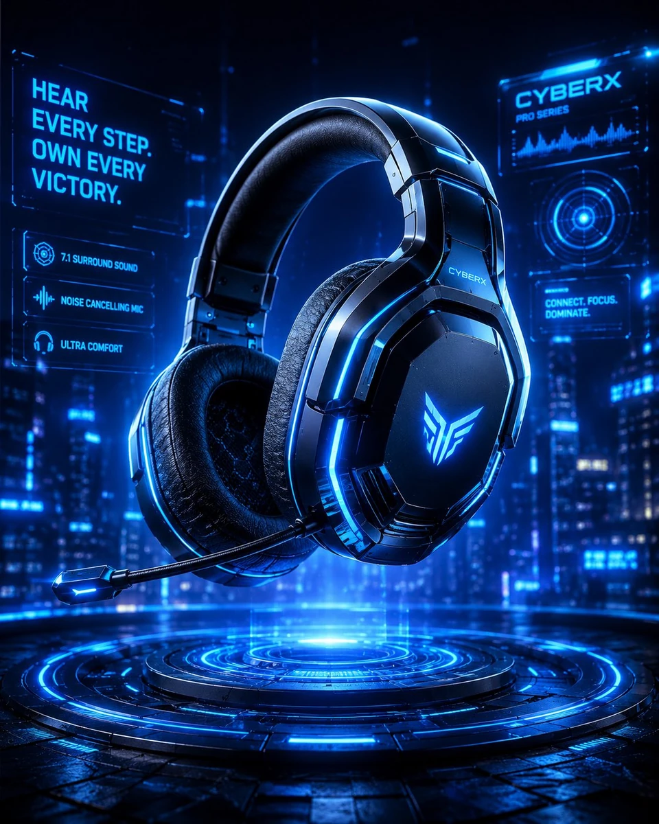 Futuristic gaming headset floating in a neon cyber arena, RGB light trail...