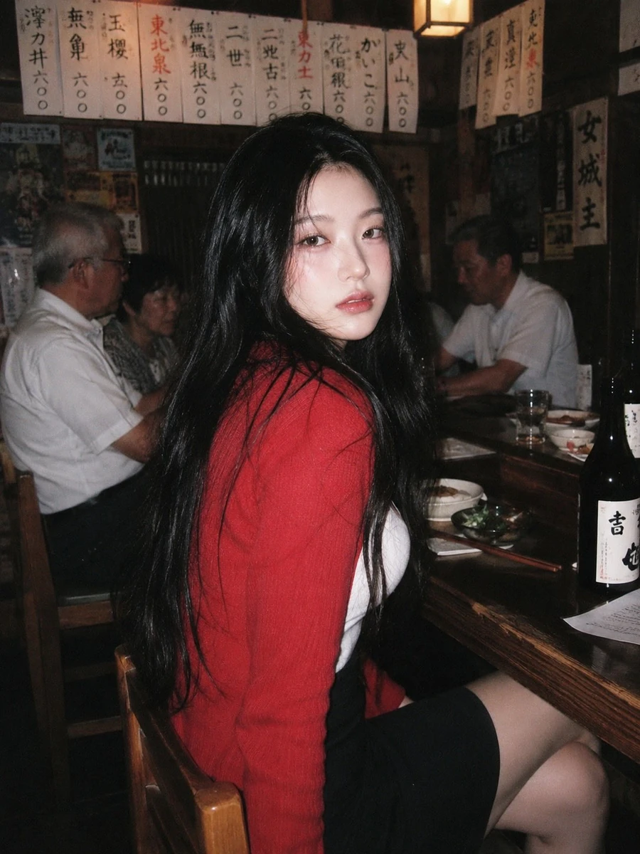 A 90s disposable-camera style flash snapshot taken inside a small, bustli...
