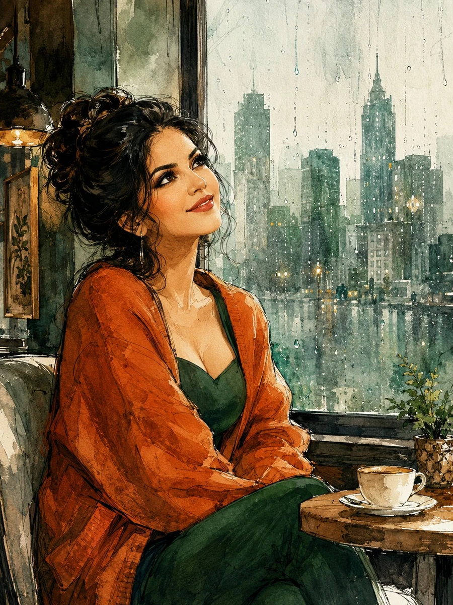 Beautiful watercolor illustration of a young woman sitting in a cozy café...