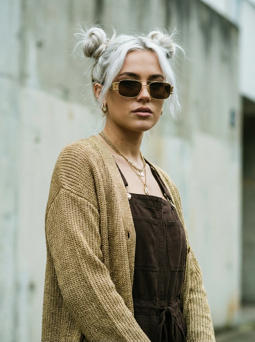 an up close editorial photograph of an edgy, stylish young woman with whi...