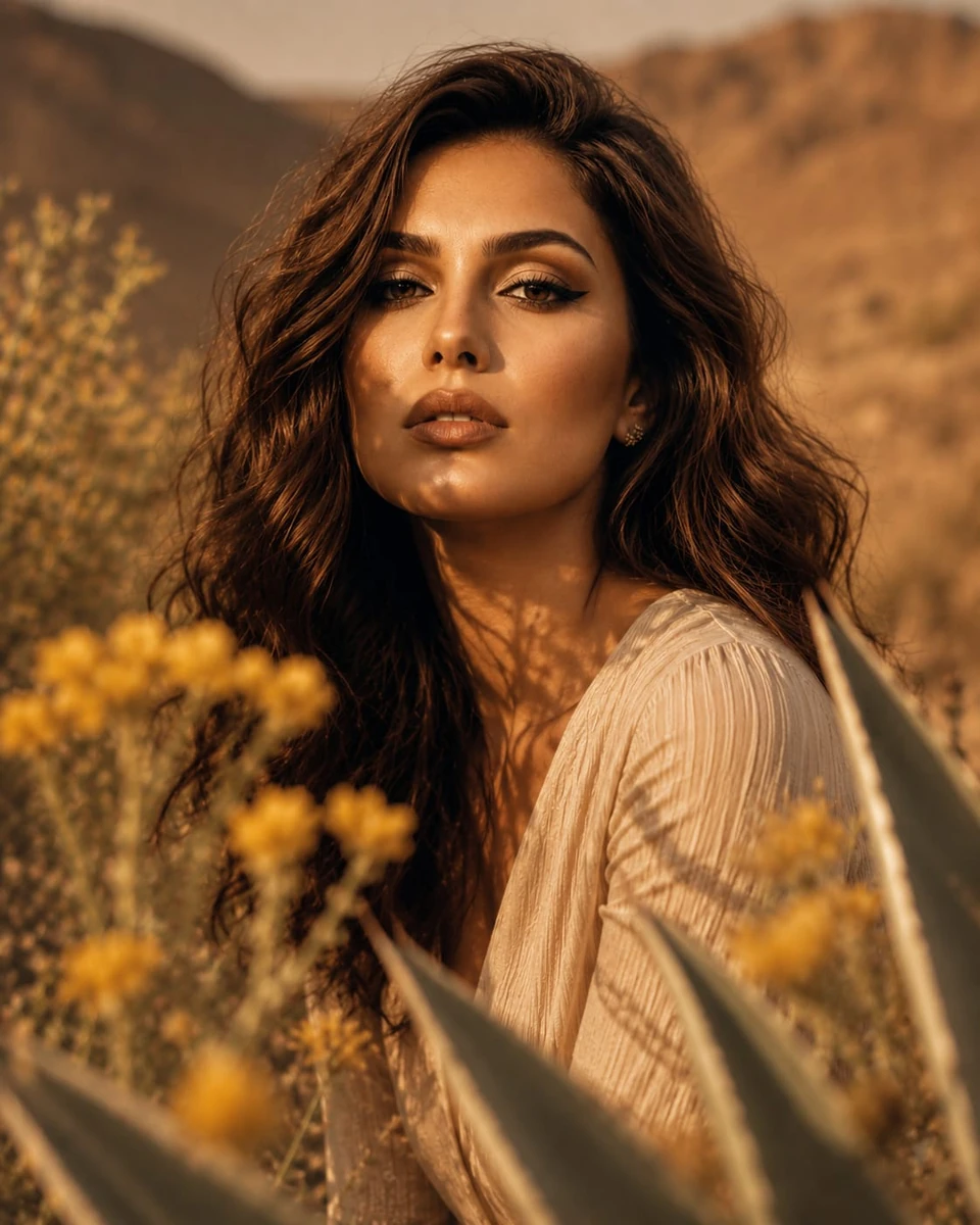 A luxury beauty editorial close-up of a confident young woman with should...
