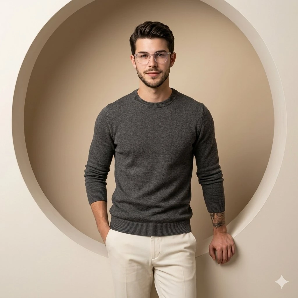 A stylish male model standing in a clean minimalist studio, positioned in...