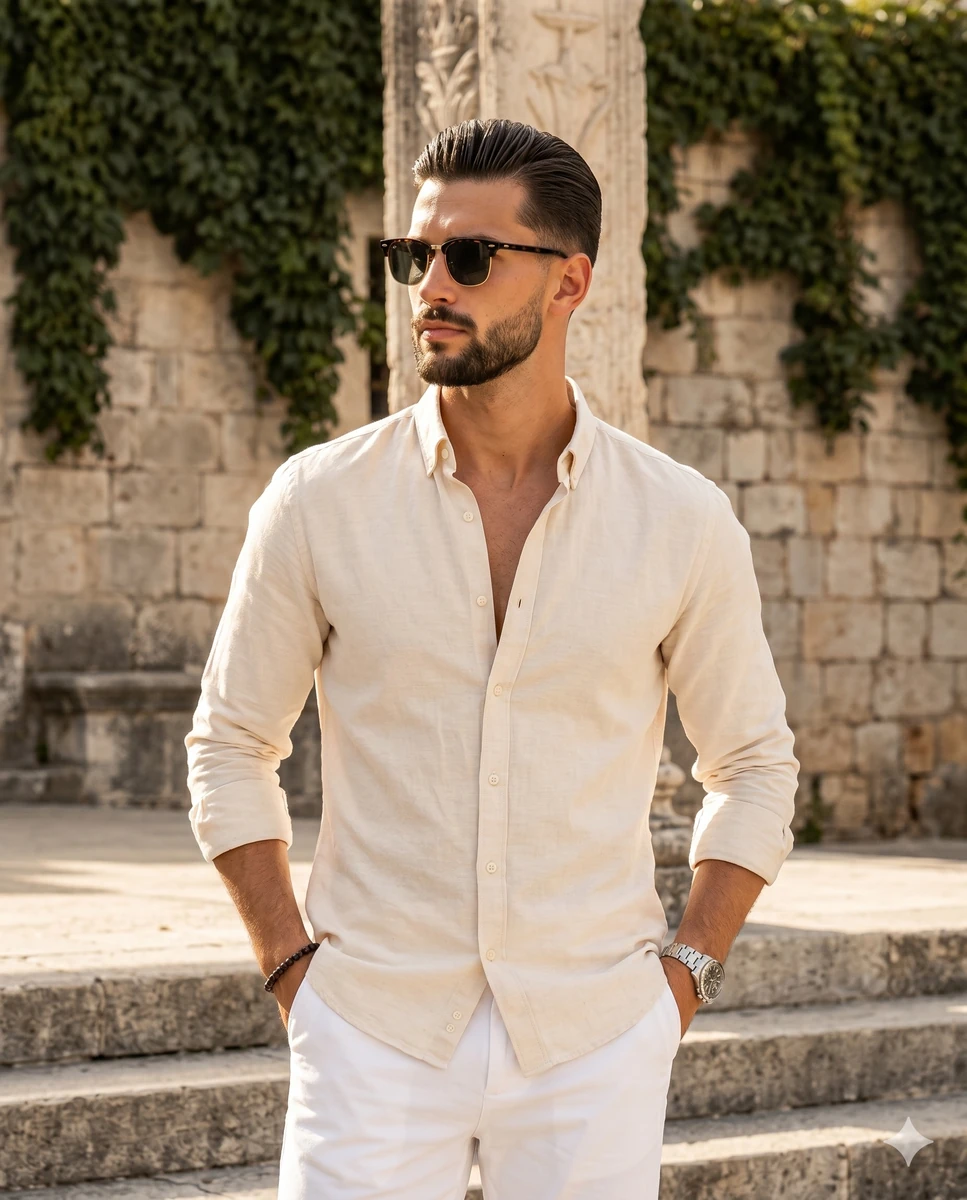 A stylish, confident male model stands center frame with a deliberately p...