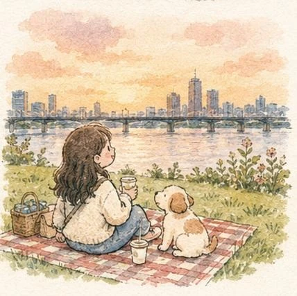 Soft watercolor anime illustration of a cute girl exploring peaceful city...