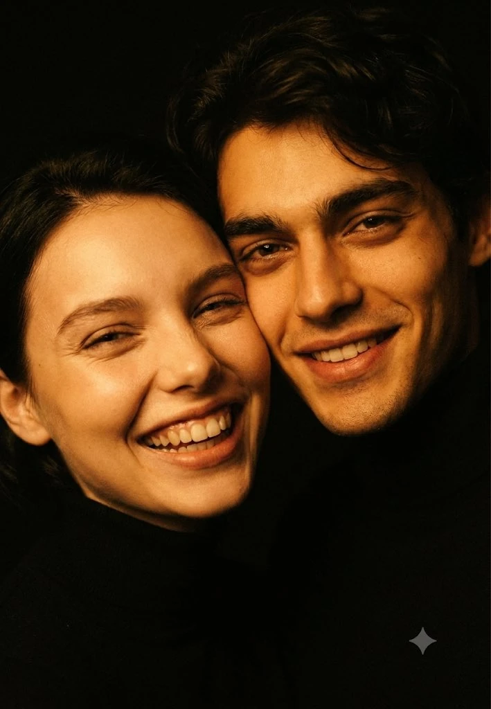 Use the exact same faces from both reference images and generate a warm i...